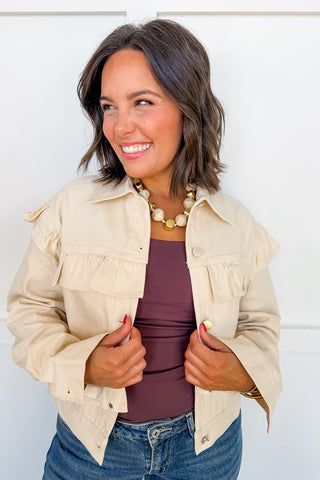 Sweet Talk Ruffle Cream Denim Jacket