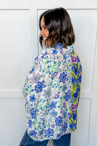 Mixed Feelings Button Front Floral Top in Blue Mix