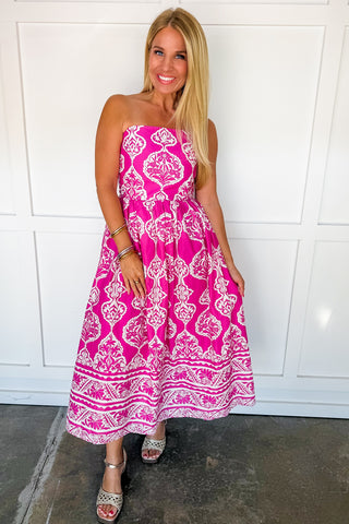 The Emily Strapless Midi Dress in Magenta