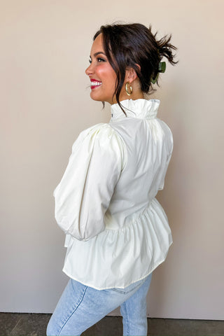 Cream Ruffle Collar Peplum Blouse