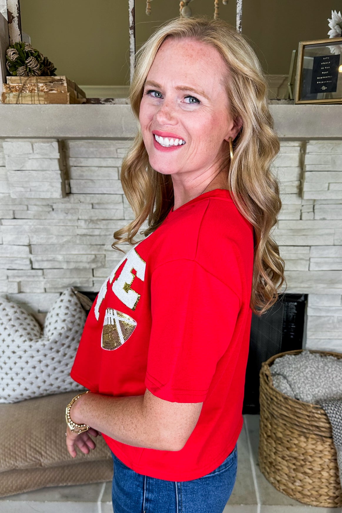 Sequin Patch Letter Football Game Day Top in Red