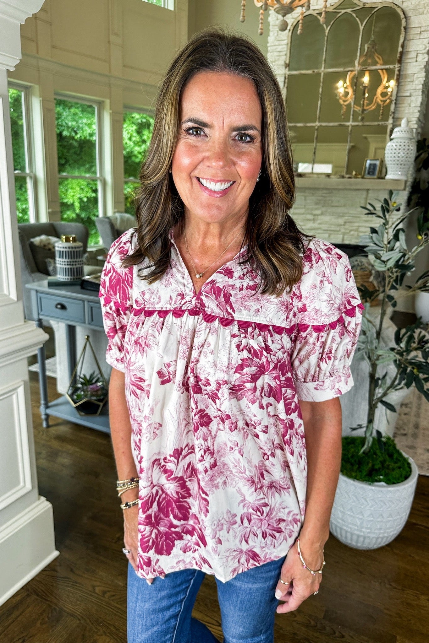 Embroidered Scallop Trim Merlot Floral Short Sleeve Top