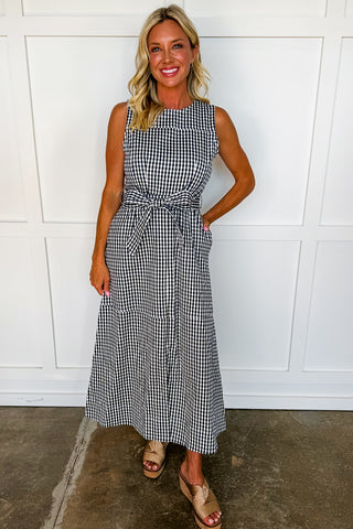Navy Gingham Midi Dress