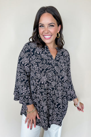 Dear Scarlett Liz Bell Printed Top in Black