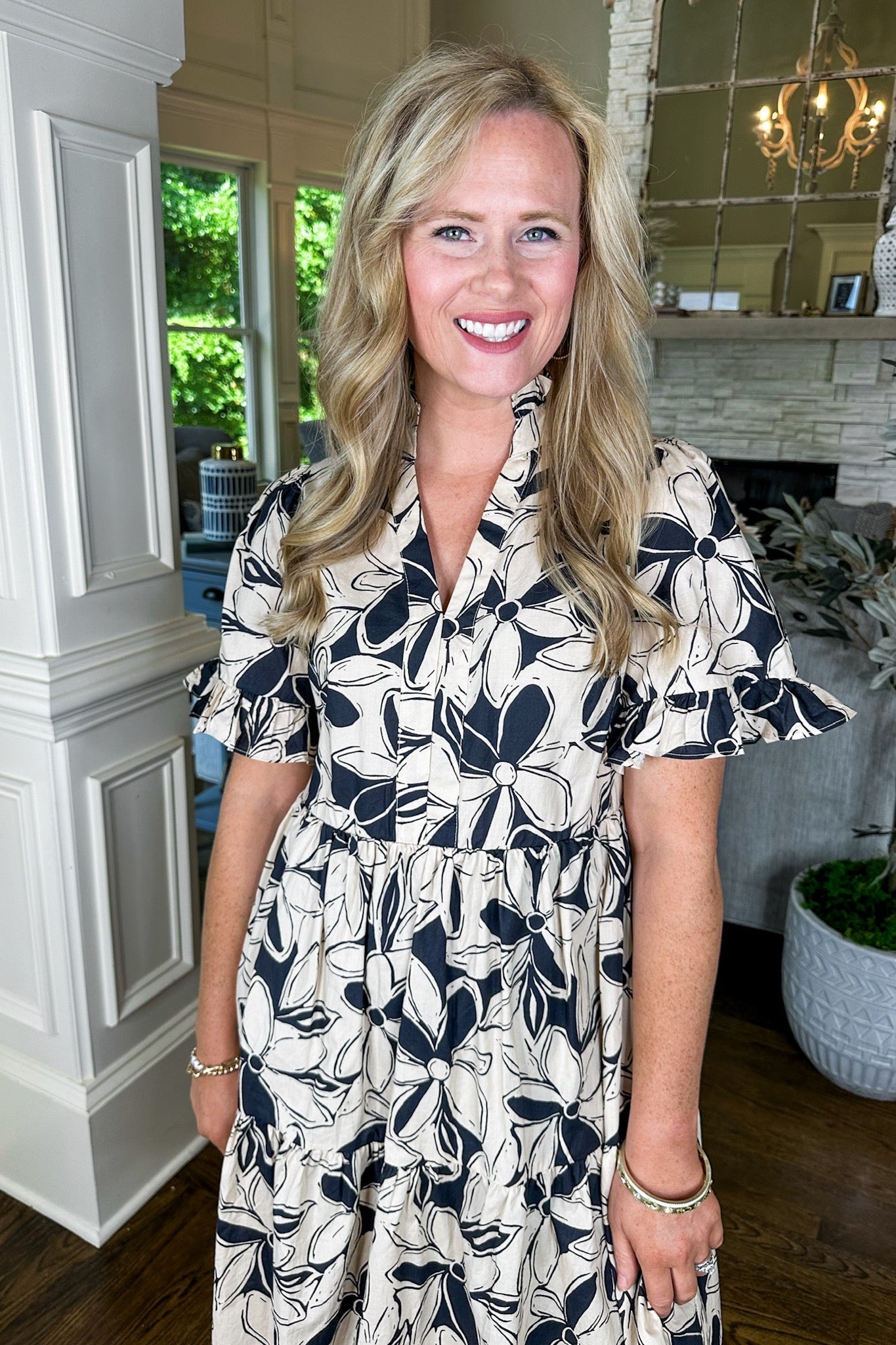 Black & Taupe Floral Ruffle Sleeve Notch Neck Dress