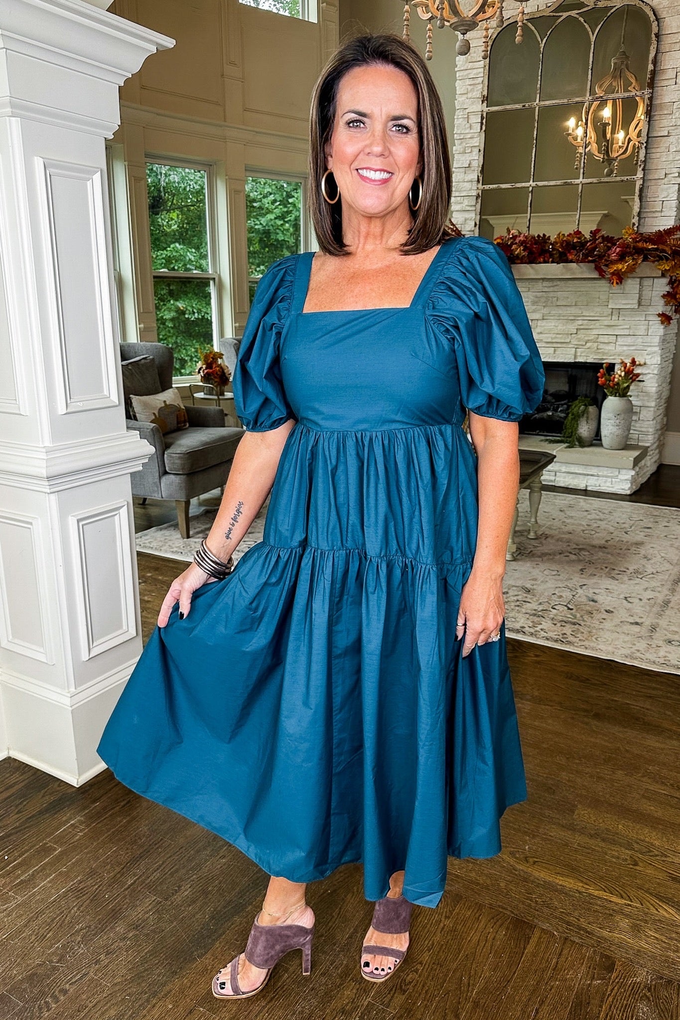 Square Neck Puff Sleeve Tiered Midi Dress in Teal