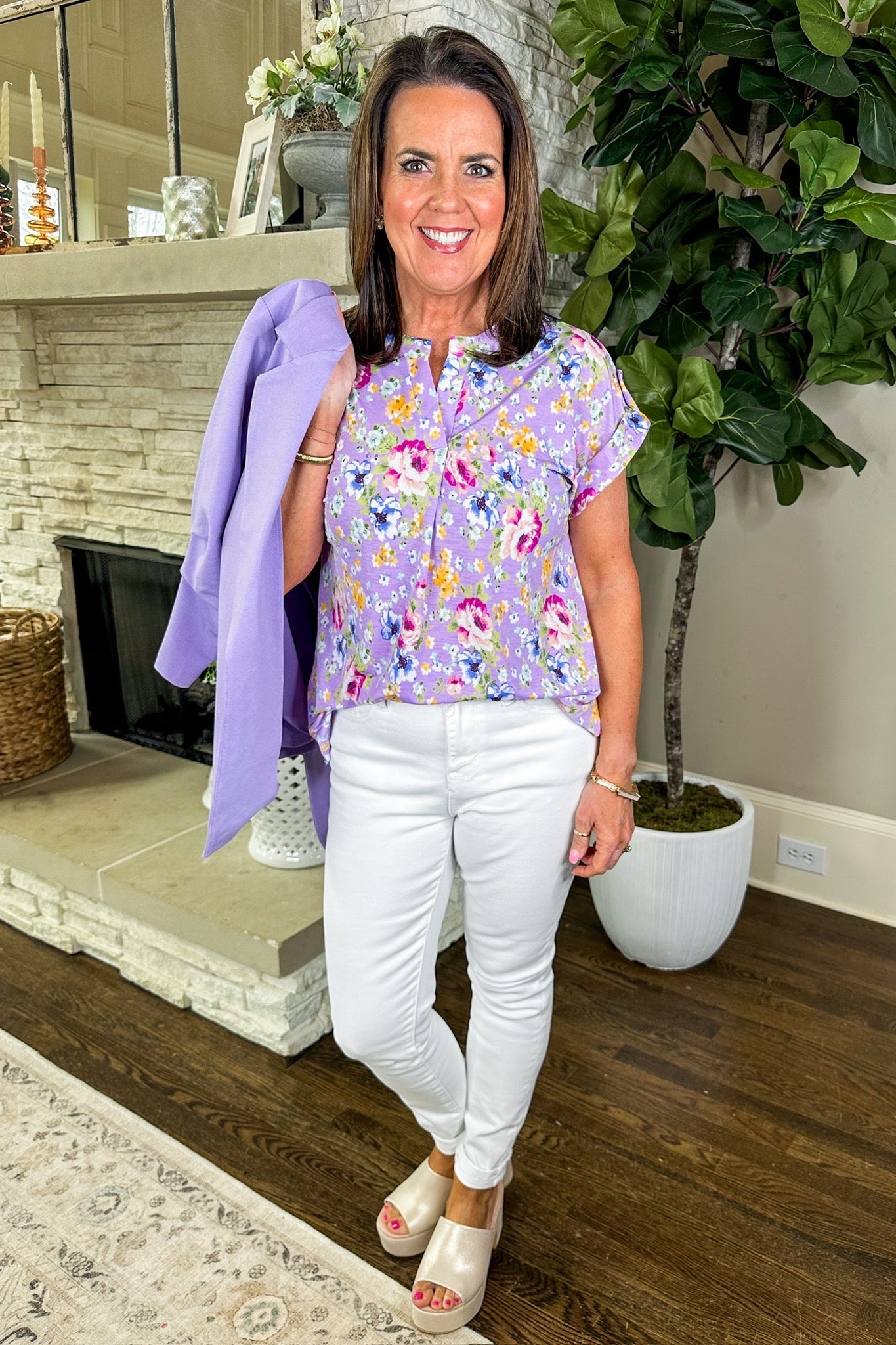 The Lizzy Short Sleeve Top in Lavender Mixed Floral
