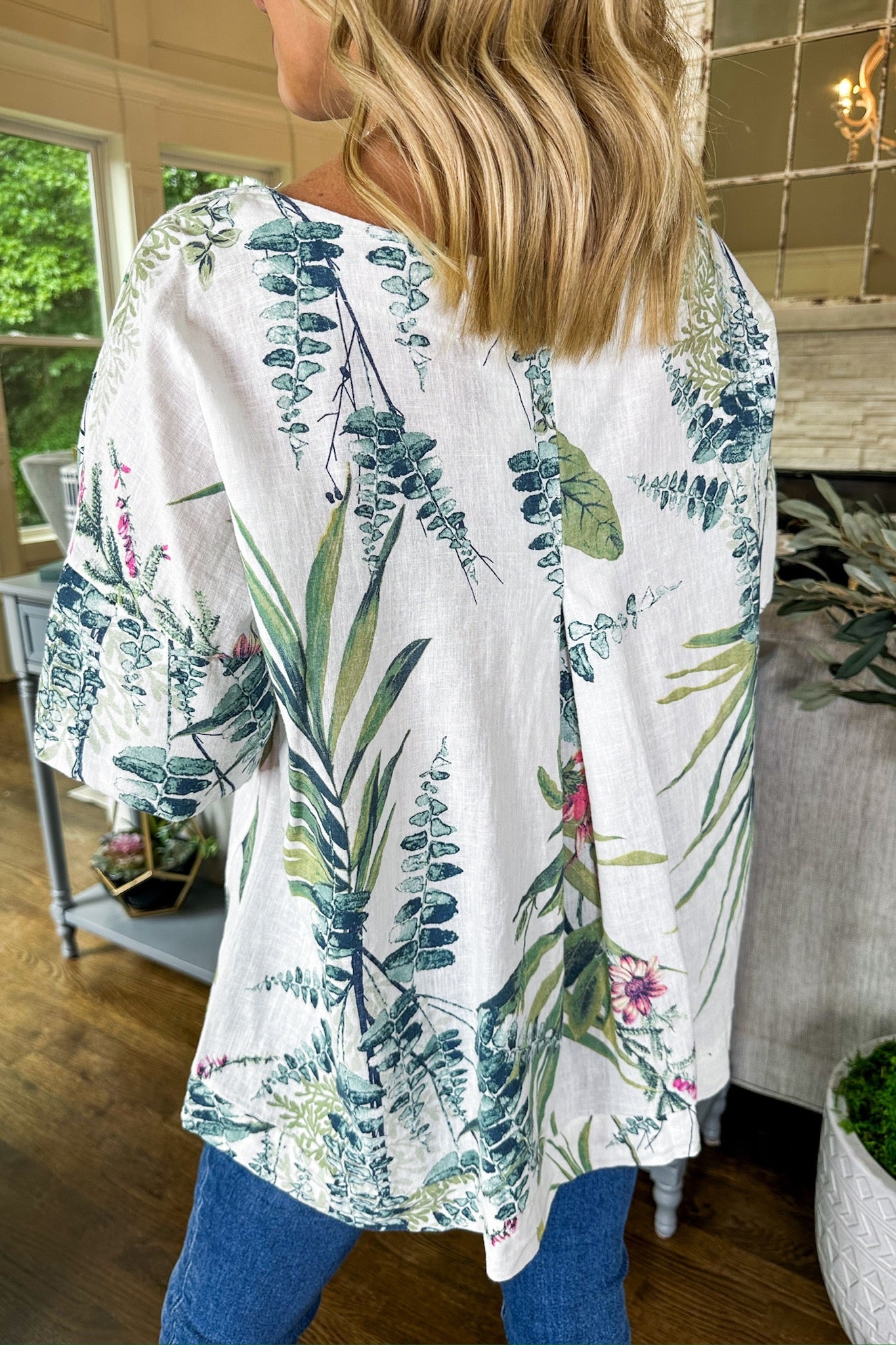 Leaf Floral Print Linen Flowy Top