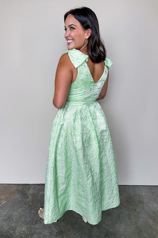 V Neck Floral Jacquard Fit & Flare Lime Green Midi Dress