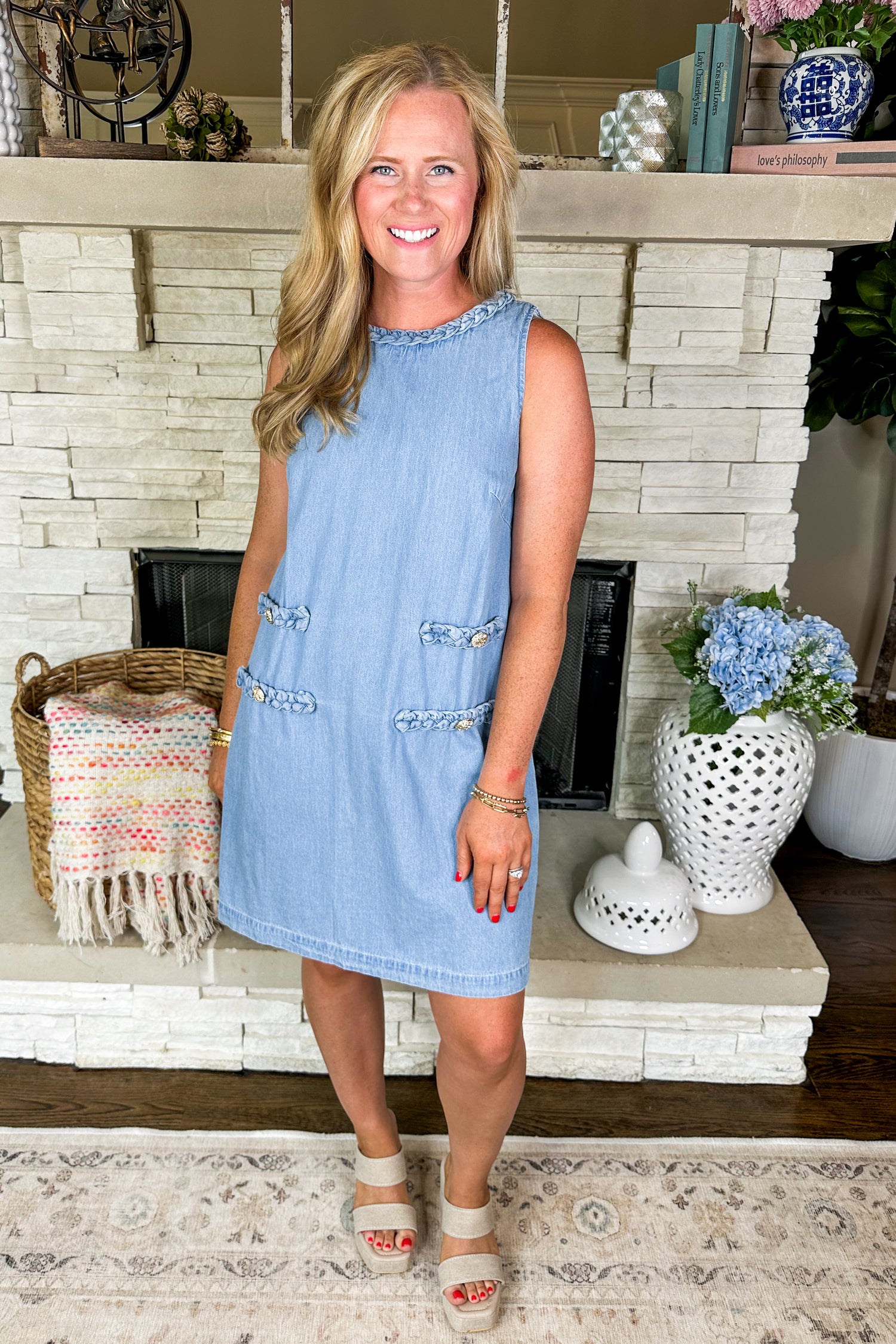 Braided Detail Gold Button Chambray Dress