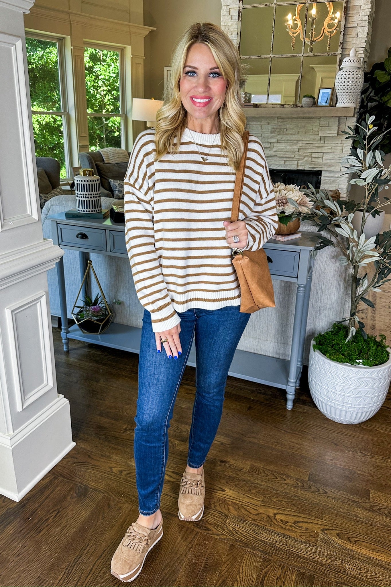 Cream & Cinnamon Brown Stripe Ribbed Trim Sweater