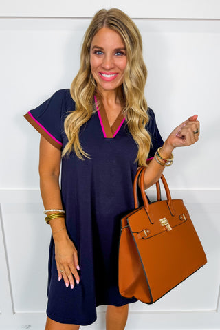 Easy Throw On & Go Collared Navy Dress With Pink Contrast Trim