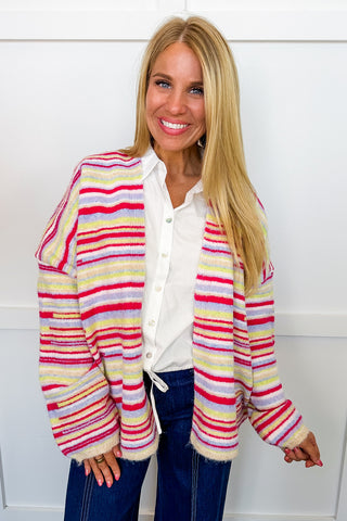 All Mixed Up Stripe Cardigan in Fuchsia Multi