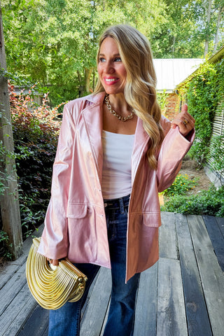 Liquid Shine Vegan Leather Blazer in Pink