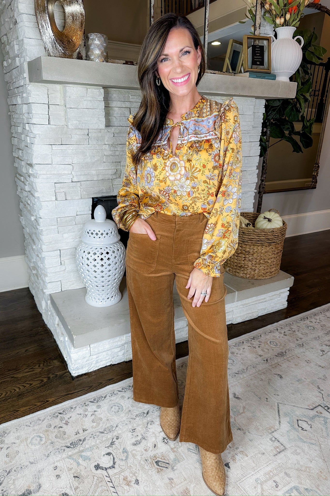 Floral Tie Neck Poet Sleeve Satin Mustard Blouse