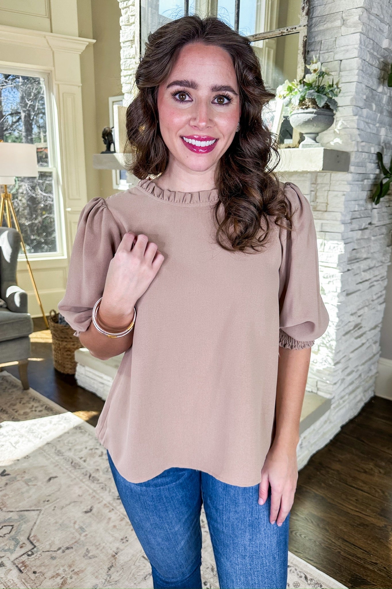 Taupe High Neck Bubble Sleeve Ruffle Neck Blouse
