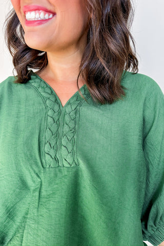 Anything But Basic Braided Green V Neck Blouse