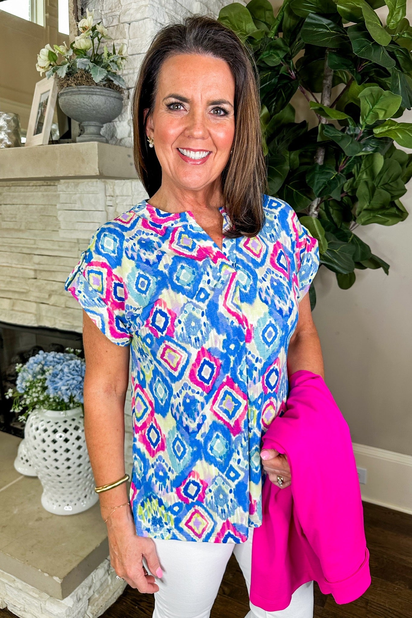 The Lizzy Short Sleeve Top in Blue Pink Ikat Print
