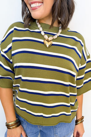 Perfectly Casual Stripe Knit Top in Olive
