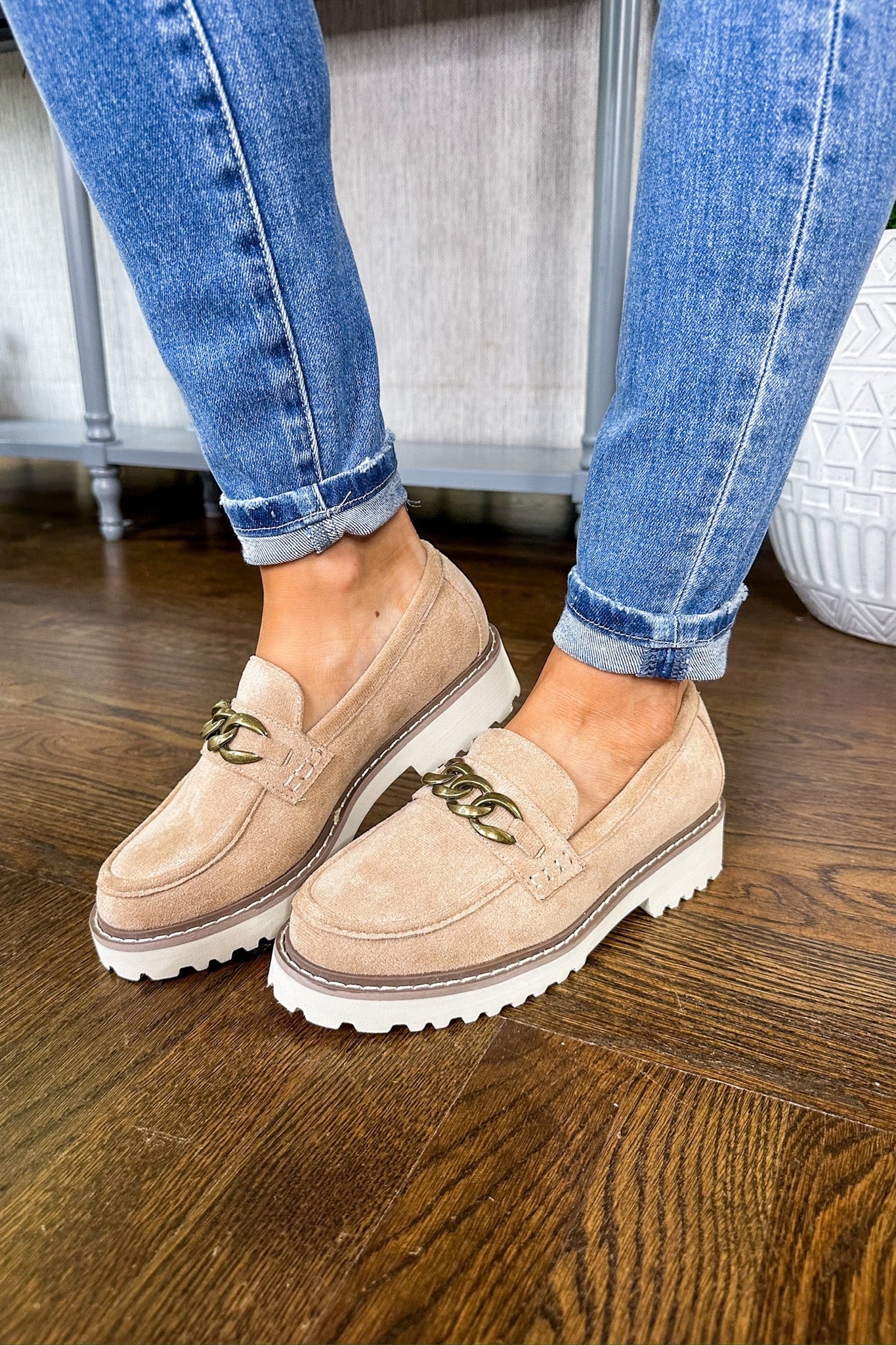 The Literally Metal Chain Faux Suede Corkys Lug Sole Loafer in Taupe