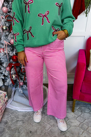 The Samantha Gingham Wide Leg Pants in Strawberry Pink