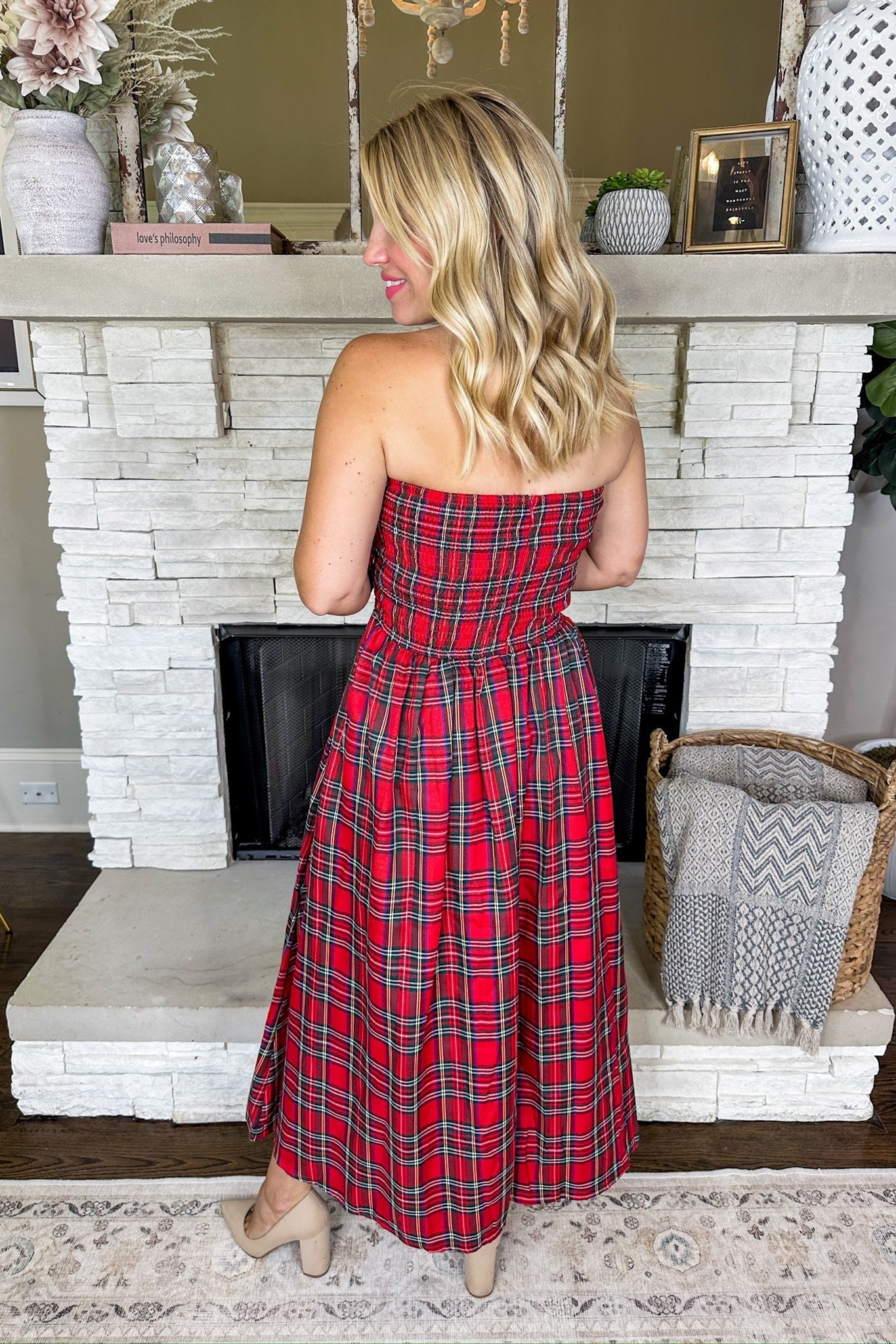 Red Plaid Pleated Strapless Pocketed Midi Dress