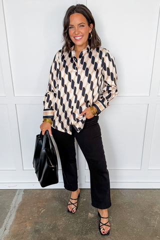 She is the Moment Geometric Silk Button Up Blouse