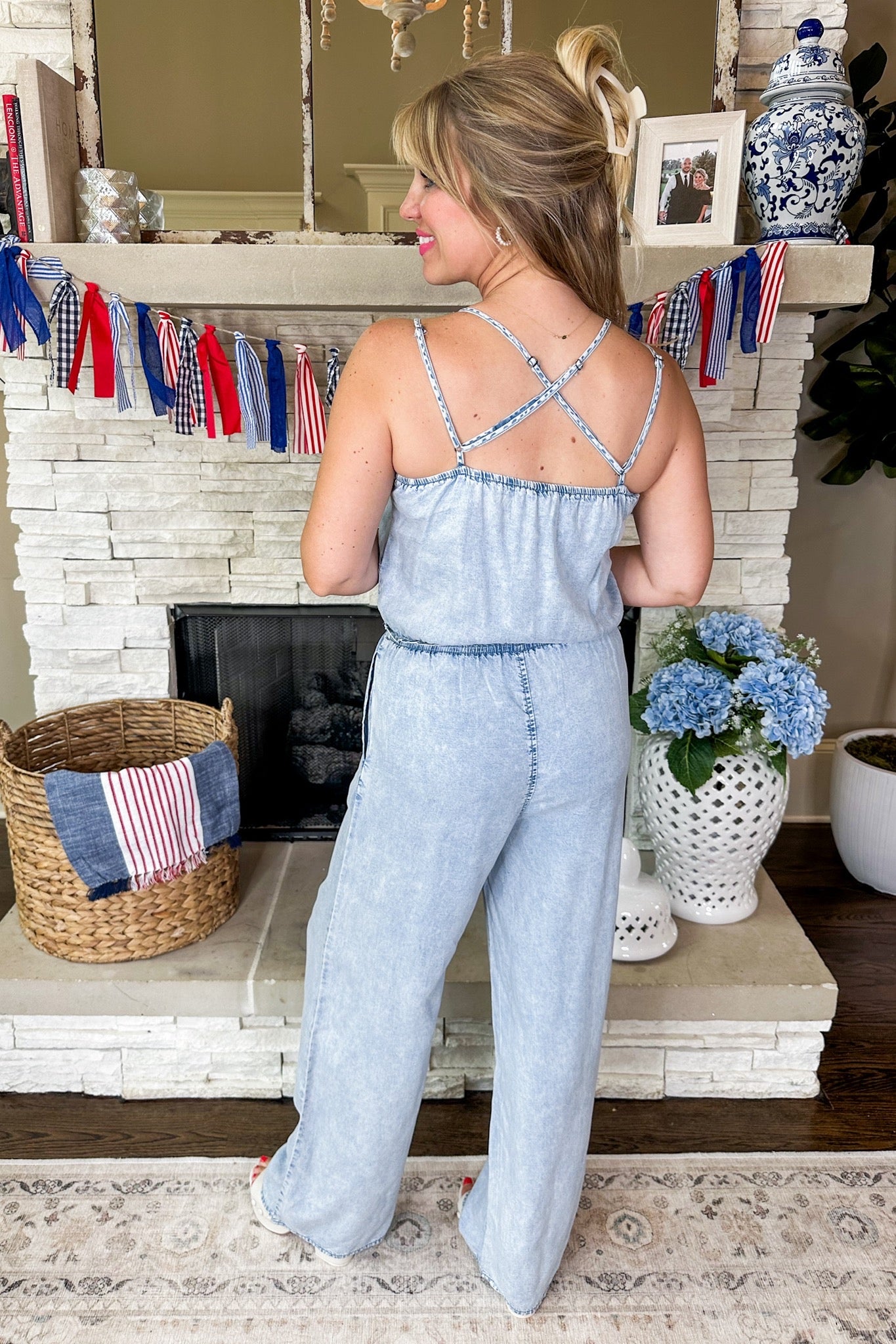 Light Chambray Criss Cross Back Pocketed Jumpsuit