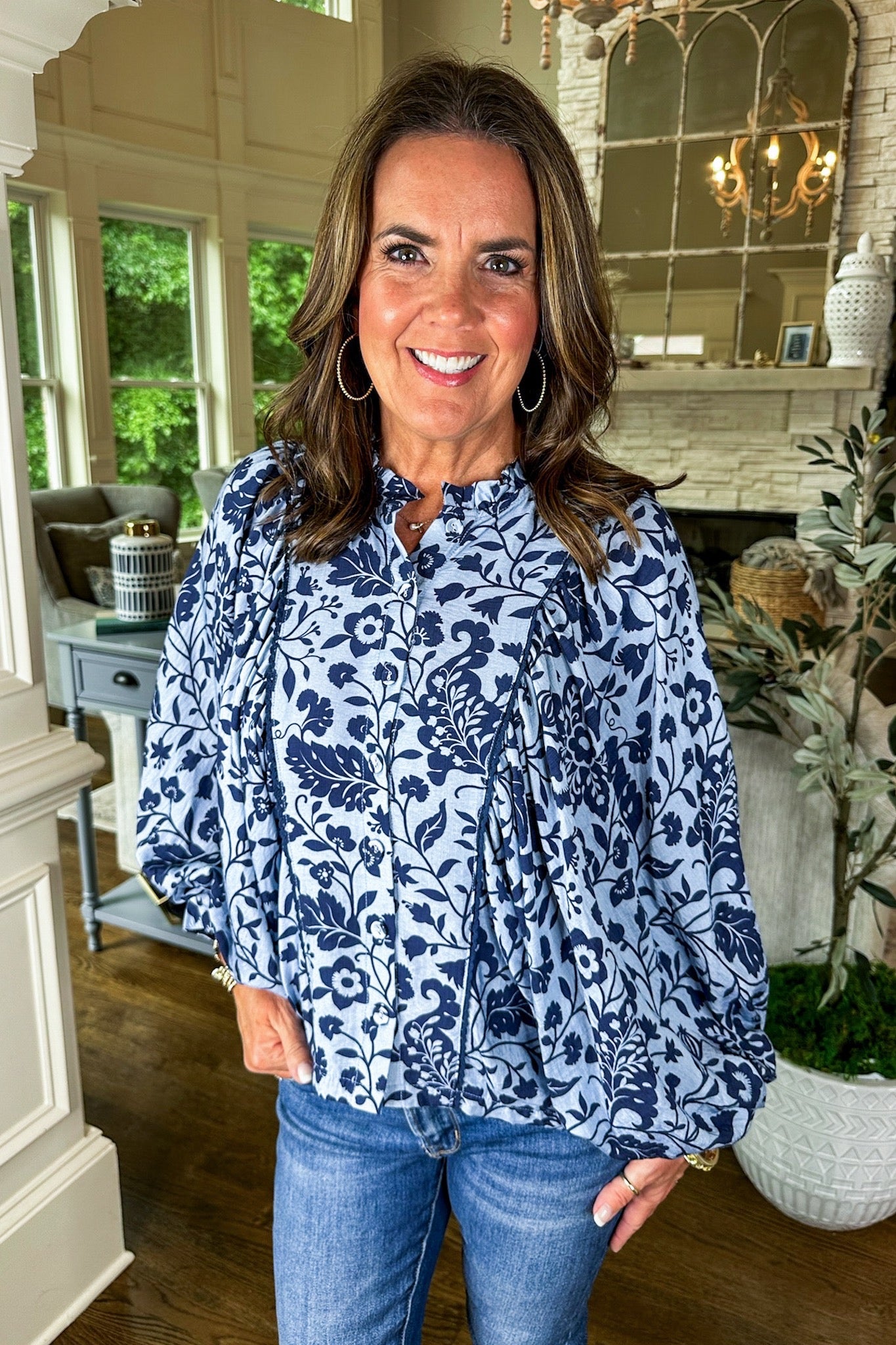 Navy Floral Button Down Balloon Long Sleeve Top