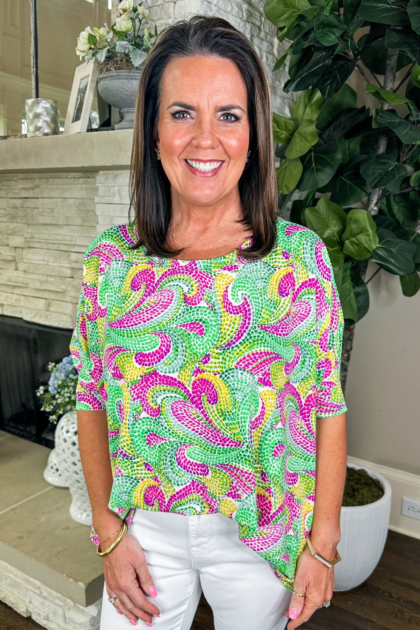 The Essential Top in Green Multi Spotted Paisley