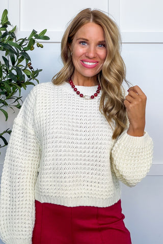 Dear Scarlett Bella Waffle Knit Crewneck Sweater in Ivory