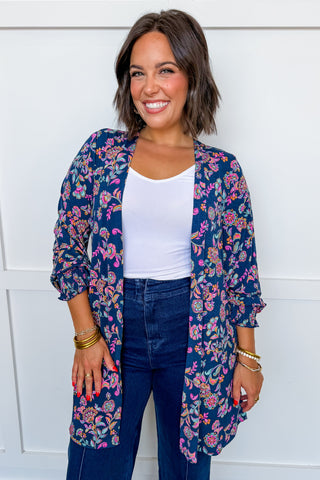 Dear Scarlett Lizzy Gather Sleeve Cardigan in Navy Floral