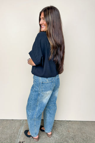 Classic Distressed Light Denim Wash Barrel Jean