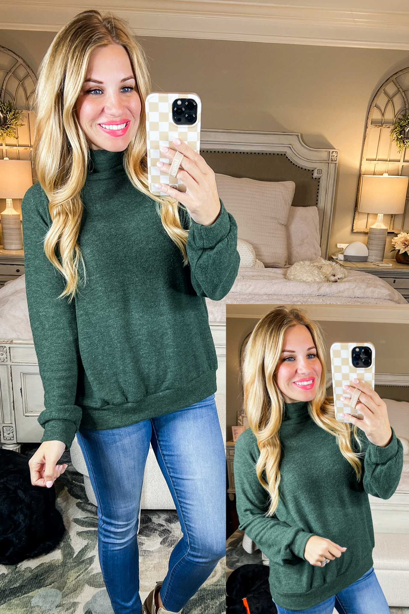 Cozy Cowl Neck Sweater Top in Hunter Green