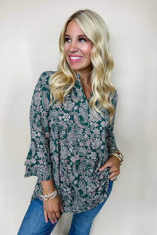 Dear Scarlett Liz Bell Printed Top in Hunter Green