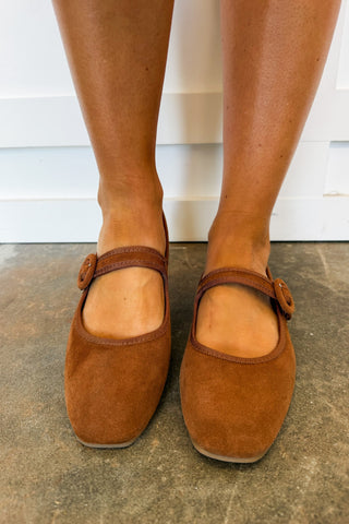 The Mya Suede Mary Jane Flat in Cognac