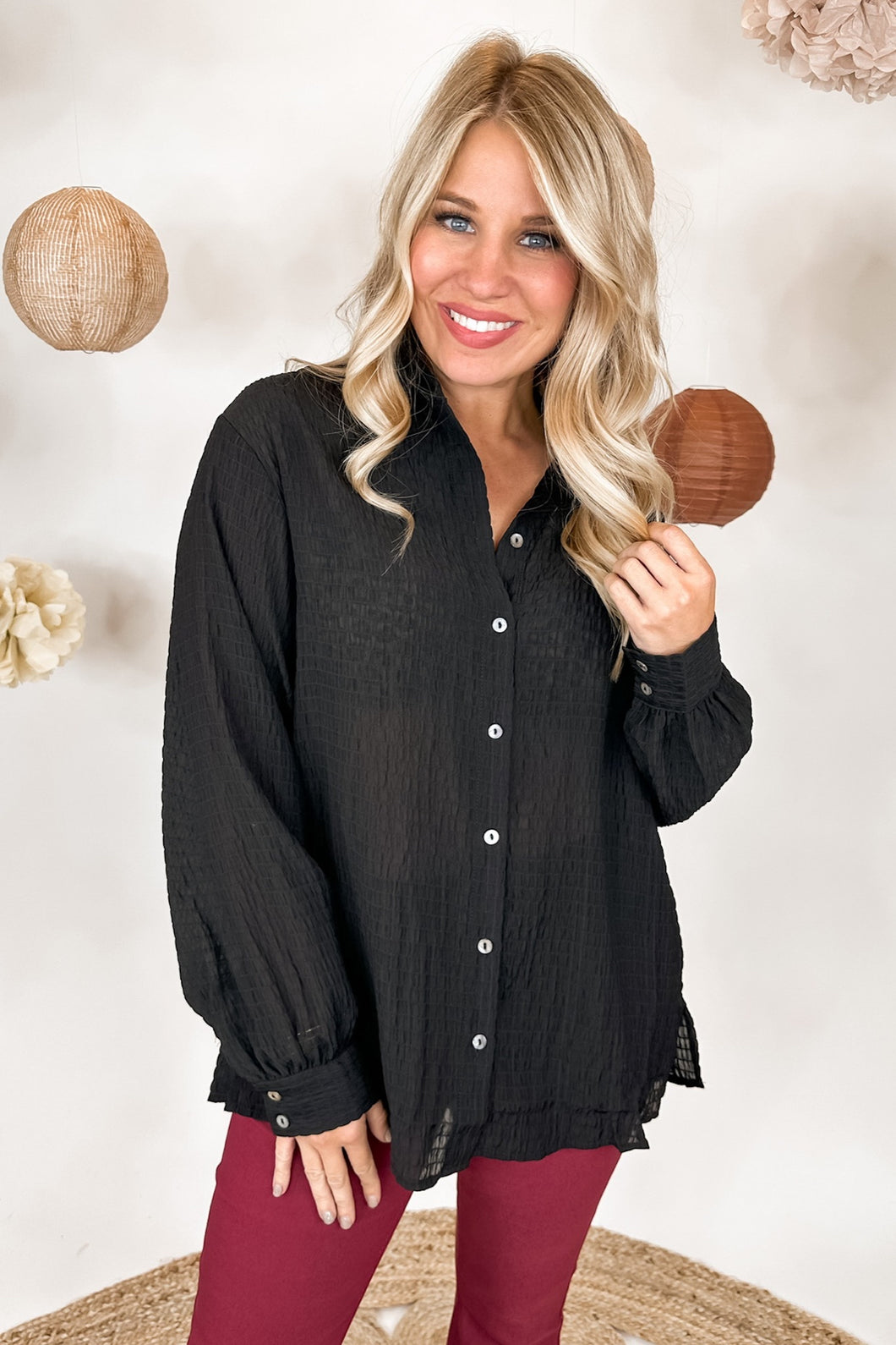 Textured Button Front Long Sleeve Top in Black