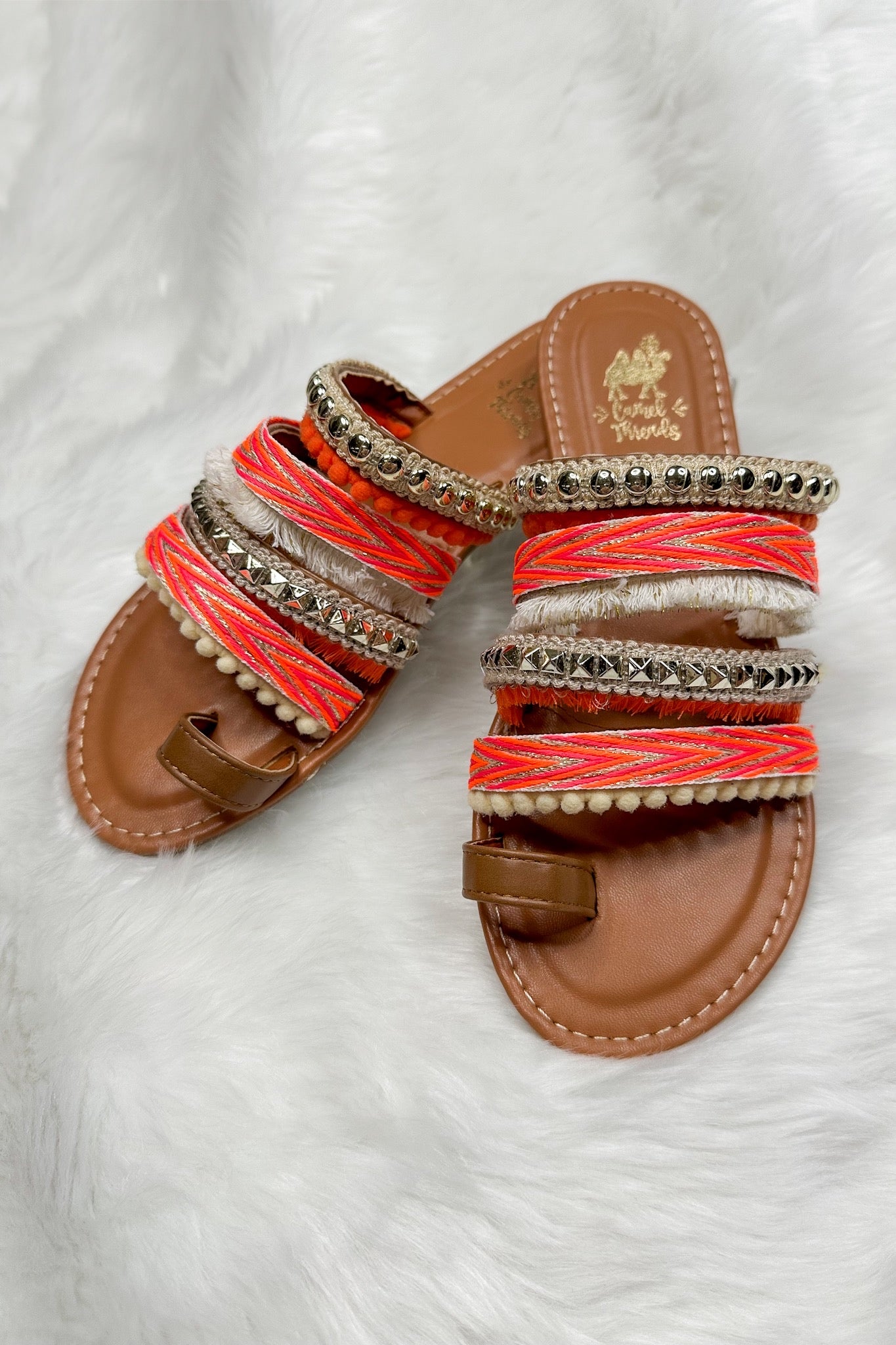Multi Strap Boho Woven Studded Camel Threads Sandal in Coral