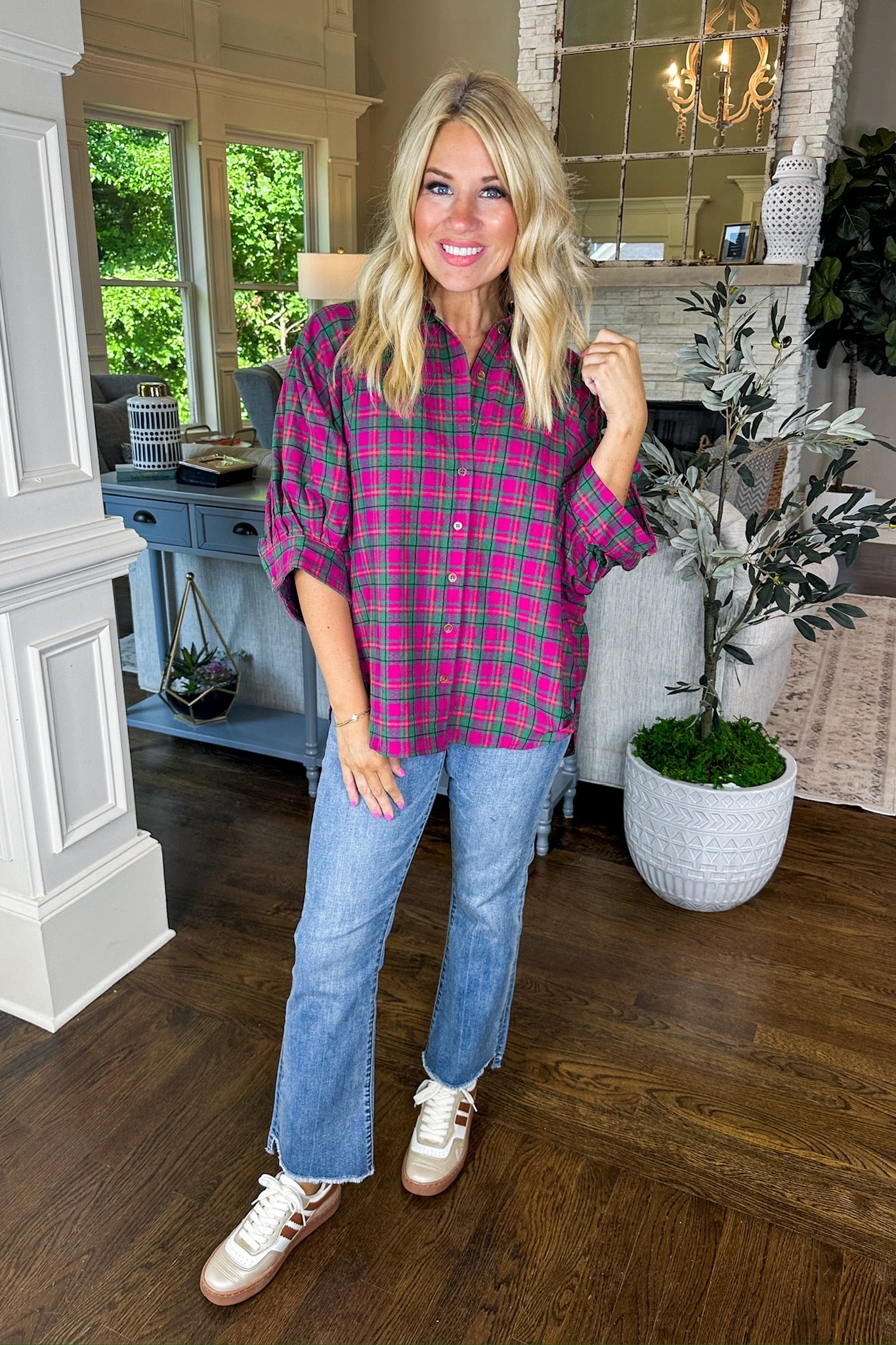 Collared Button Down Magenta Plaid Poncho Top