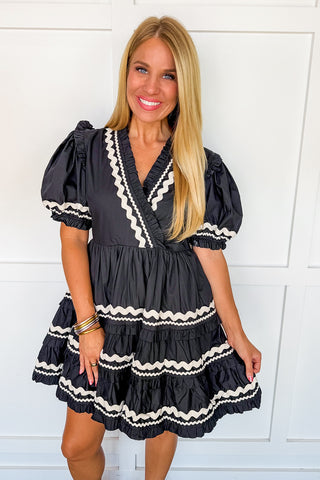Wrapped Ric Rac Tiered Dress in Black