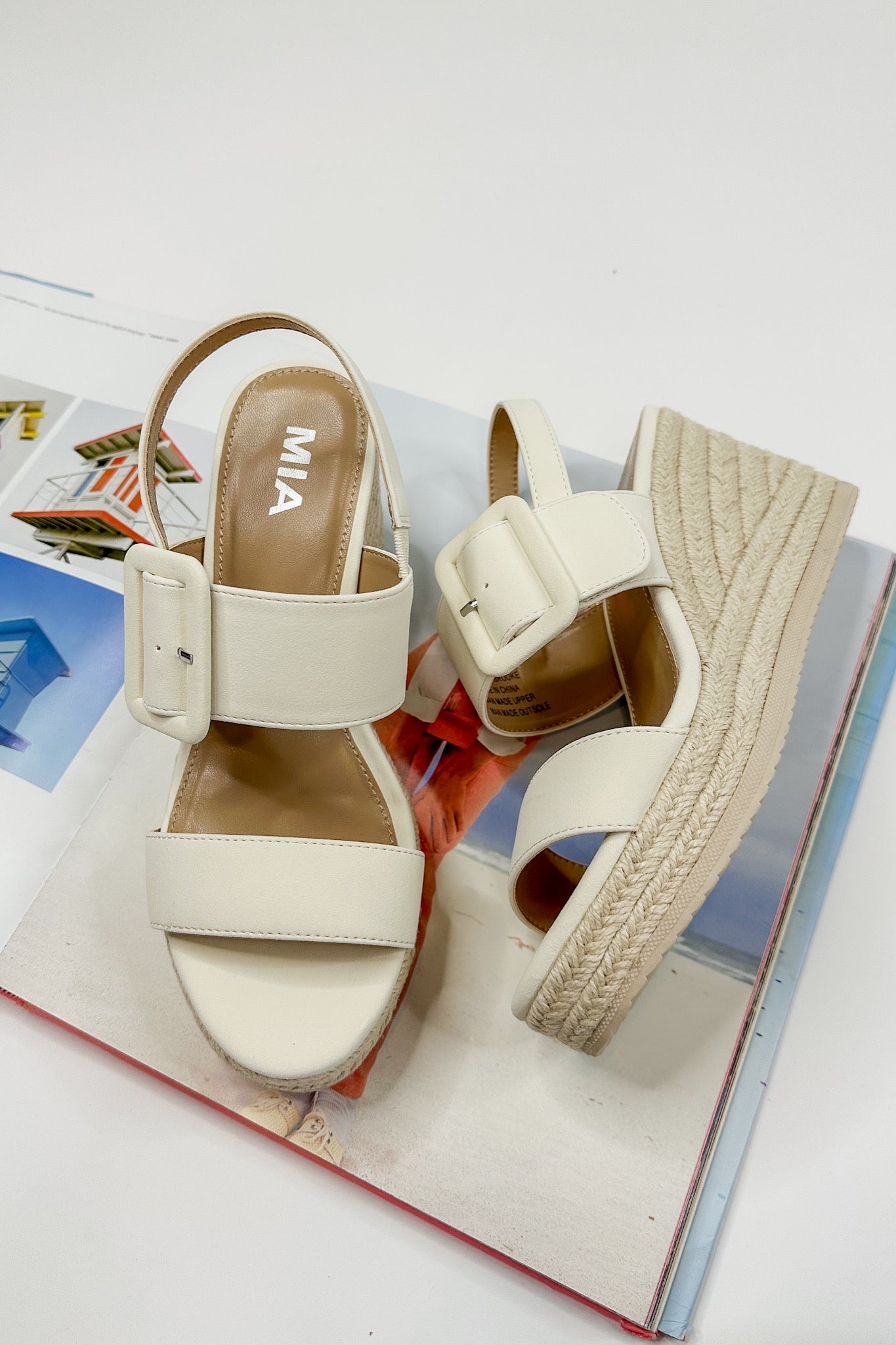 Ivory Double Strap Buckle Espadrille Wedge