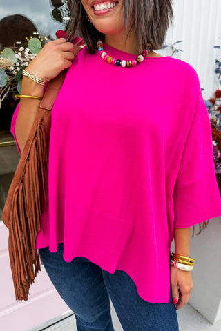 Casually Cute Oversized Knit Top in Fuchsia