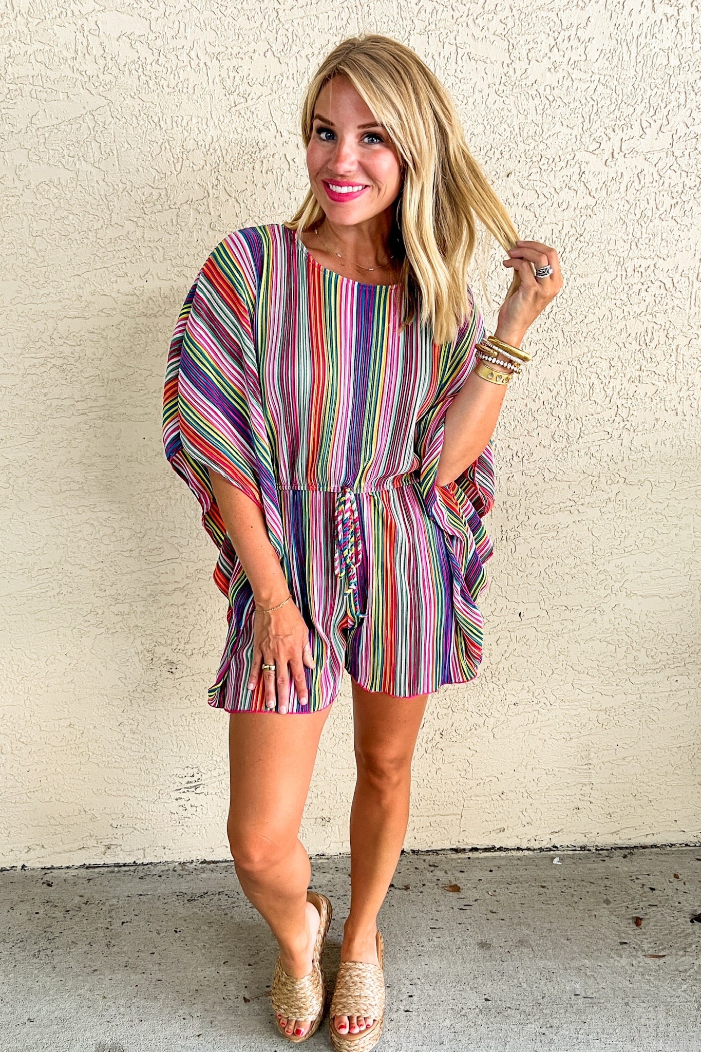 Multi Stripe Poncho Style Elastic Waist Romper