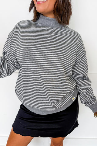 Double Take Reversible Dot & Stripe Mock Neck Pullover in Grey & White