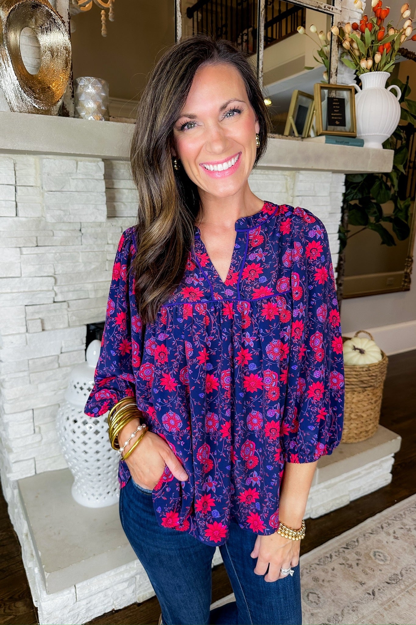 Purple Red Floral Peasant Three-Quarter Sleeve Top