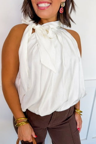 Classical Moment Halter Style Bow Top in White Metallic