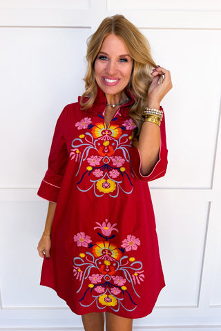 Folk Song Embroidered Shift Dress in Burgundy