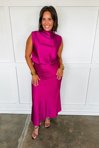 On The Dot Satin Midi Skirt in Magenta