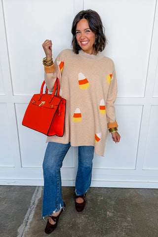 Candy Corn Jacquard Sweater in Tan