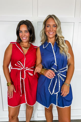 The Madison Scallop Trim Bow Dress in Crimson